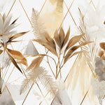 Tapet personalizat leaf cu elemente florale moderne cu flori si frunze aurii si albe pe un fundal cu model geometric si accente marmorate elegant si sofisticat floral gold tile