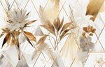 Tapet personalizat leaf cu elemente florale moderne cu flori si frunze aurii si albe pe un fundal cu model geometric si accente marmorate elegant si sofisticat floral gold tile