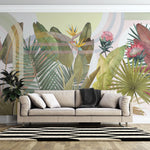 Tapet personalizat leaf in stil art deco cu frunze tropicale si flori exotice in culori vii pe un fundal geometric pentru un design indraznet si artistic art deco leaves
