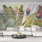 Tapet personalizat leaf in stil art deco cu frunze tropicale si flori exotice in culori vii pe un fundal geometric pentru un design indraznet si artistic art deco leaves