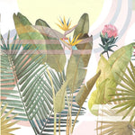 Tapet personalizat leaf in stil art deco cu frunze tropicale si flori exotice in culori vii pe un fundal geometric pentru un design indraznet si artistic art deco leaves