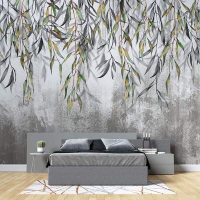 tapet personalizat leaf cu ramuri delicate de salcie cu frunze in nuante de verde si gri pe un fundal texturat oferind un aspect natural si linistitor wilow wall