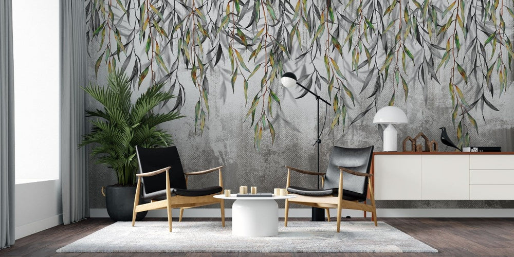 Tapet personalizat leaf cu ramuri delicate de salcie cu frunze in nuante de verde si gri pe un fundal texturat oferind un aspect natural si linistitor wilow wall