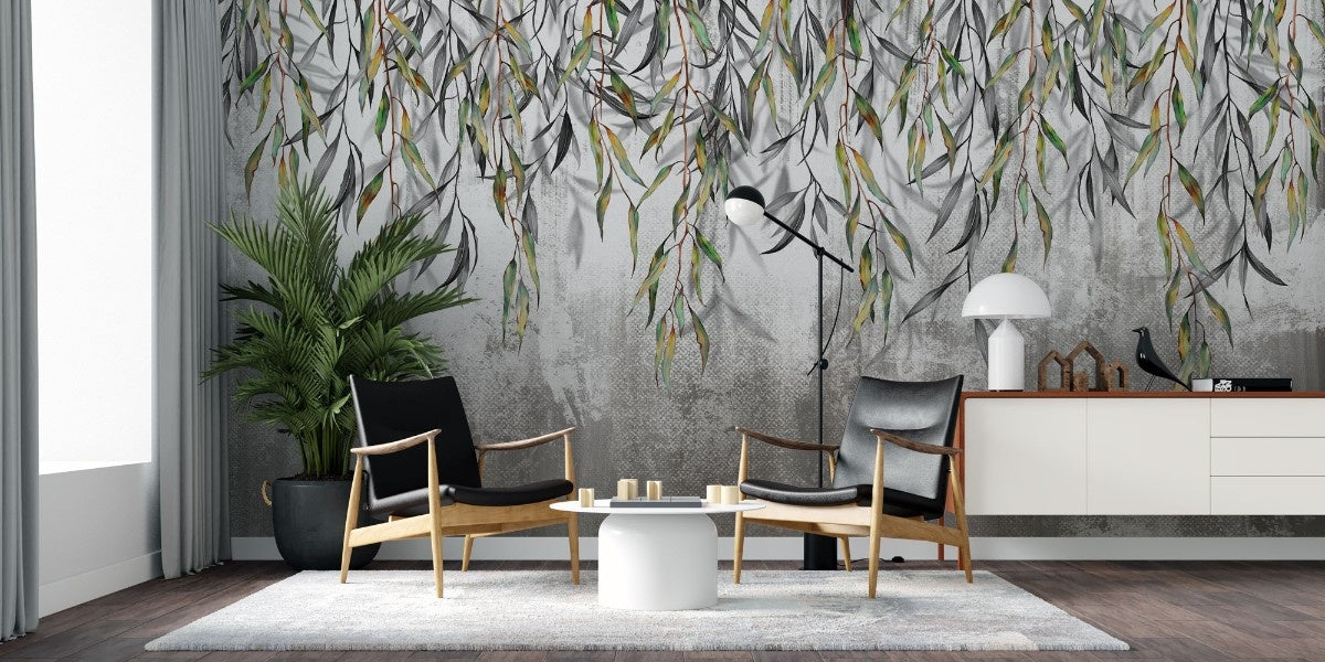 tapet personalizat leaf cu ramuri delicate de salcie cu frunze in nuante de verde si gri pe un fundal texturat oferind un aspect natural si linistitor wilow wall