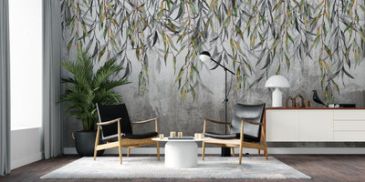 tapet personalizat leaf cu ramuri delicate de salcie cu frunze in nuante de verde si gri pe un fundal texturat oferind un aspect natural si linistitor wilow wall