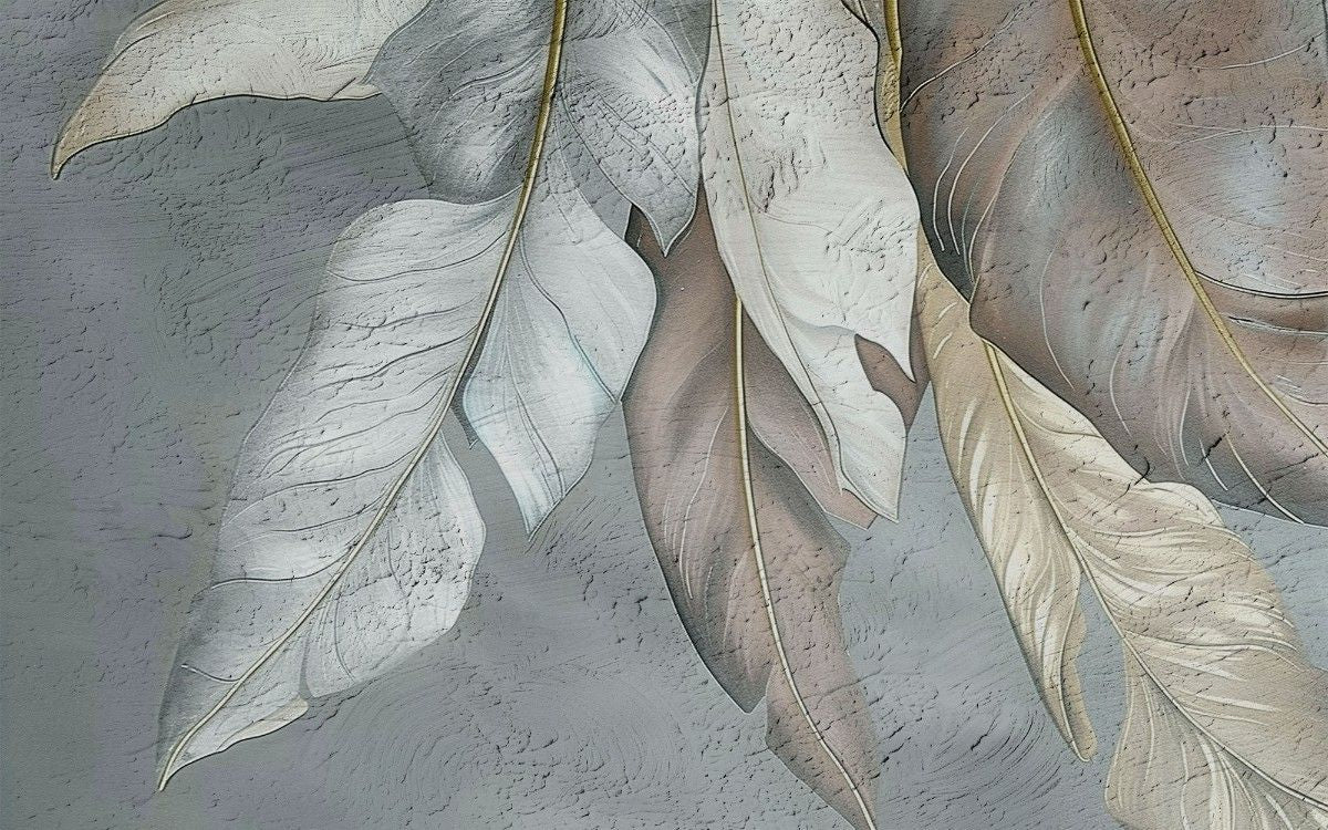 tapet personalizat leaf cu frunze stilizate asemanatoare unor pene in nuante de bej si gri cu o textura fina pentru un decor elegant si aerisit stucco leaves