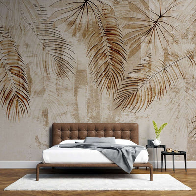 tapet personalizat leaf cu frunze de palmier cazatoare in nuante de maro deschis pe un fundal texturat asemanator inului oferind un aspect natural si elegant tropical linen