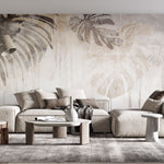 Tapet personalizat leaf cu frunze de monstera in nuante de gri si maro cu un efect de curgere artistica pe un fundal texturat pentru un design modern monstera flows