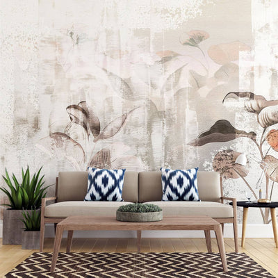 tapet personalizat leaf cu frunze mari stilizate in tonuri de bej si maro pe un fundal cu aspect de panza pentru un decor artistic si natural canvas leaves