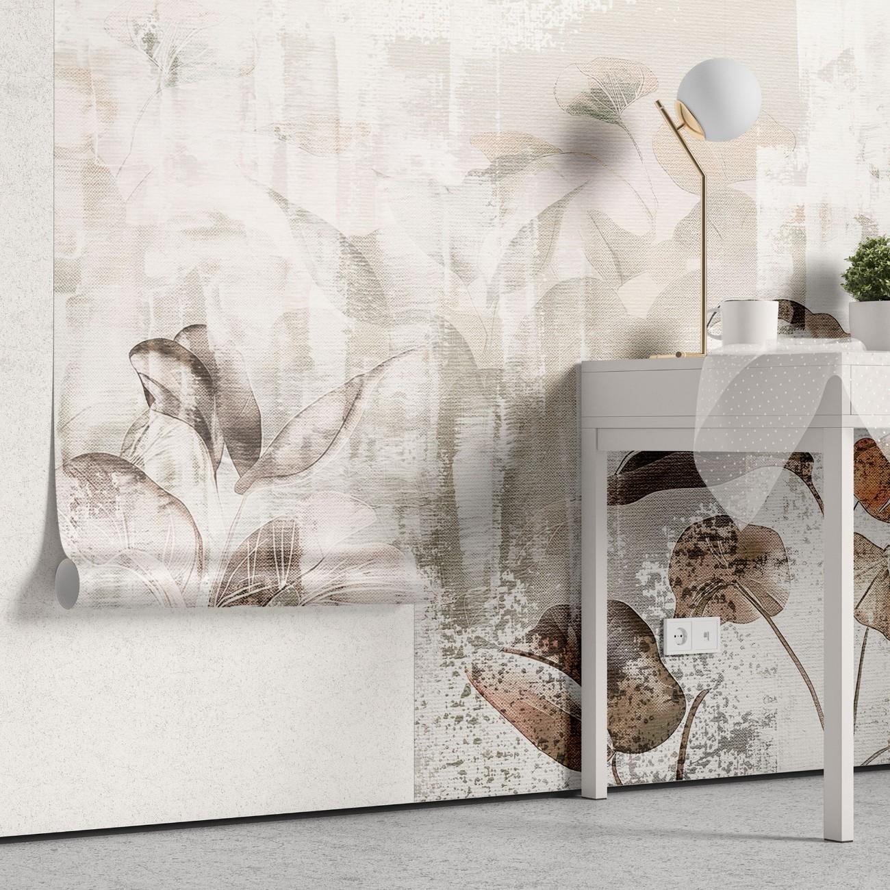 tapet personalizat leaf cu frunze mari stilizate in tonuri de bej si maro pe un fundal cu aspect de panza pentru un decor artistic si natural canvas leaves