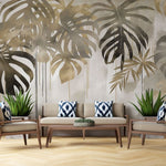 Tapet personalizat leaf cu frunze de monstera si palmier in nuante aurii si gri cu un efect de picurare ideal pentru un interior luxos si exotic gold monstera flows