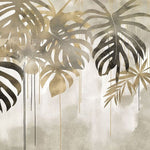 Tapet personalizat leaf cu frunze de monstera si palmier in nuante aurii si gri cu un efect de picurare ideal pentru un interior luxos si exotic gold monstera flows