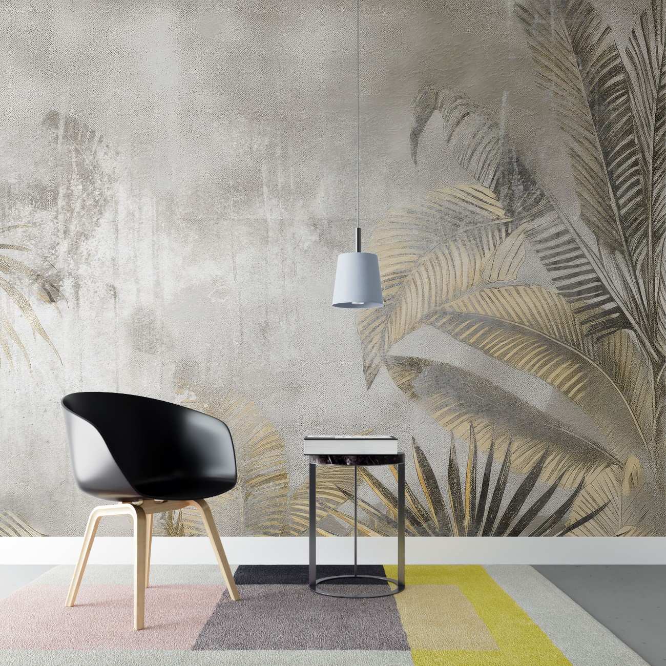 tapet personalizat leaf cu frunze tropicale in nuante de gri deschis si auriu cu un aspect usor prafuit aducand un plus de eleganta si serenitate dusted tropical leaves