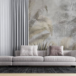 Tapet personalizat leaf cu frunze de palmier si alte plante exotice in tonuri de bej si gri pe un fundal cu aspect de stucada pentru un stil rustic modern gold concrete leaves