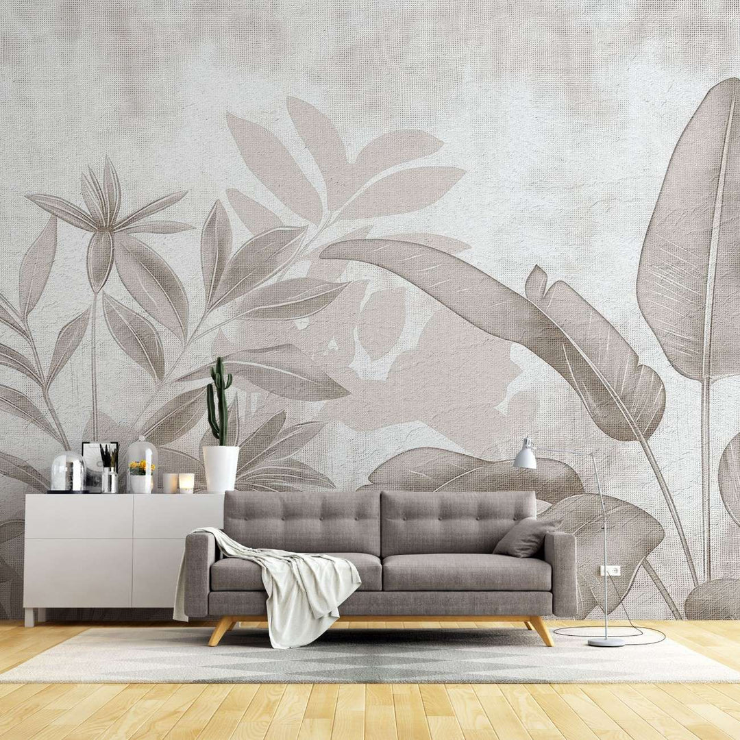 Tapet personalizat leaf cu frunze stilizate in tonuri de bej si gri cu un aspect de hartie texturata ideal pentru un decor natural si calm paper leaves