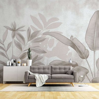 tapet personalizat leaf cu frunze stilizate in tonuri de bej si gri cu un aspect de hartie texturata ideal pentru un decor natural si calm paper leaves