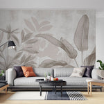 Tapet personalizat leaf cu frunze stilizate in tonuri de bej si gri cu un aspect de hartie texturata ideal pentru un decor natural si calm paper leaves