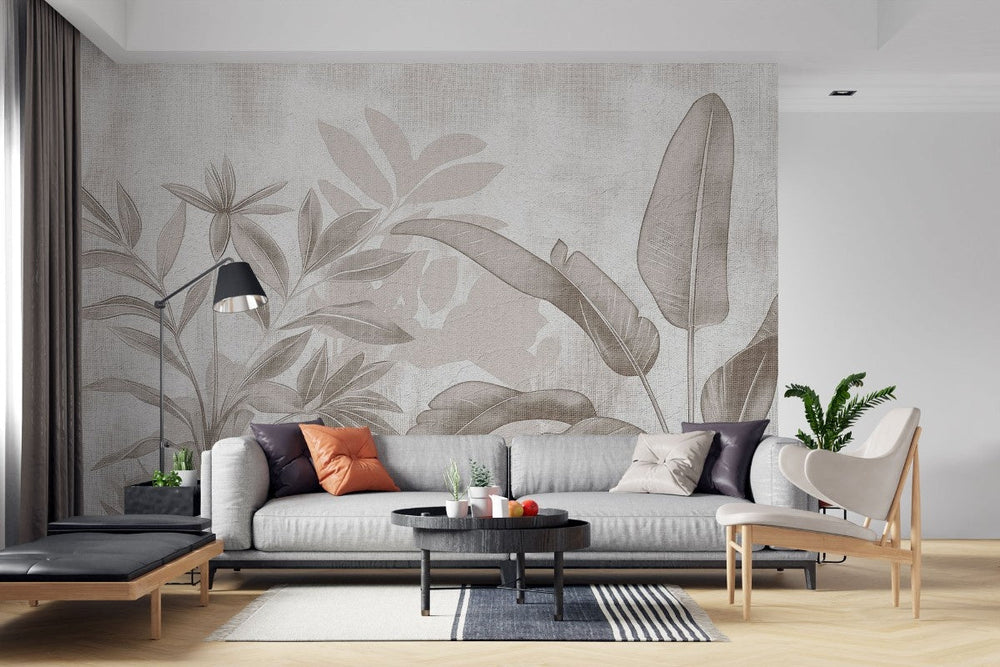 Tapet personalizat leaf cu frunze stilizate in tonuri de bej si gri cu un aspect de hartie texturata ideal pentru un decor natural si calm paper leaves