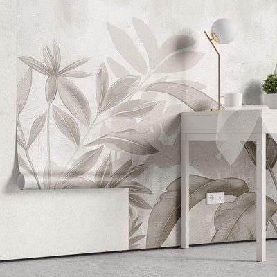 tapet personalizat leaf cu frunze stilizate in tonuri de bej si gri cu un aspect de hartie texturata ideal pentru un decor natural si calm paper leaves