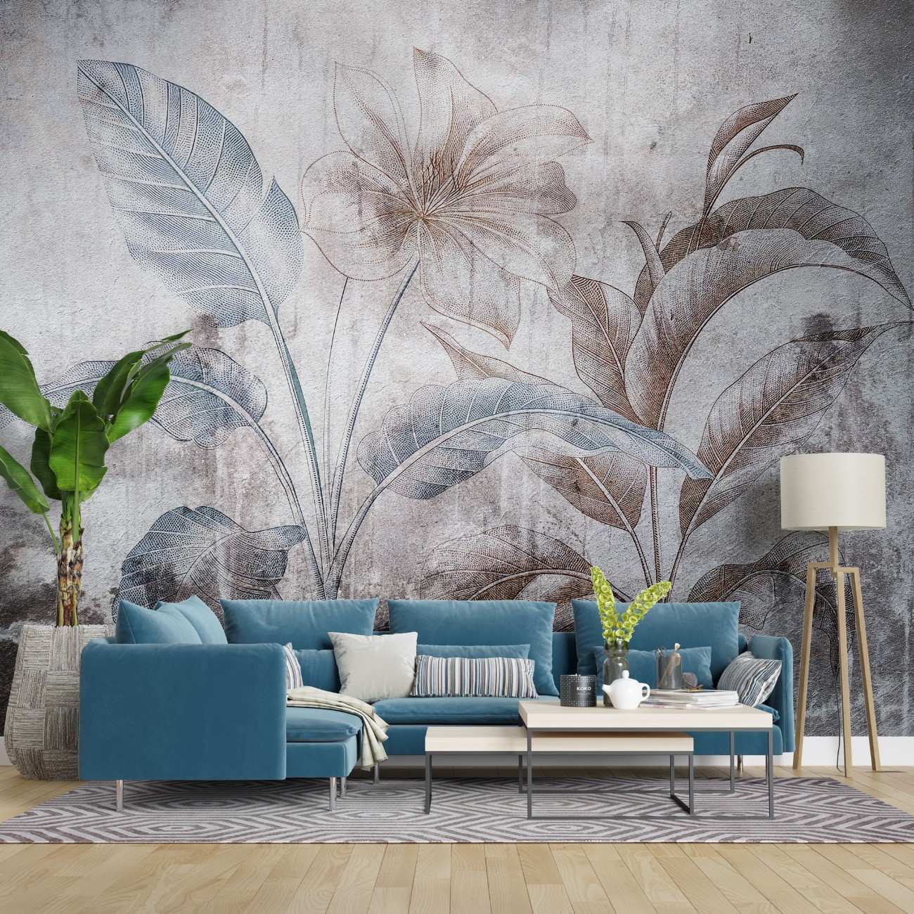 tapet personalizat leaf cu frunze si flori mari in nuante pamantii cu accente albastre pe un fundal abstract cu aspect invechit ideal pentru un spatiu modern colored paper leaves