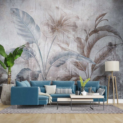 tapet personalizat leaf cu frunze si flori mari in nuante pamantii cu accente albastre pe un fundal abstract cu aspect invechit ideal pentru un spatiu modern colored paper leaves