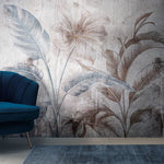 Tapet personalizat leaf cu frunze si flori mari in nuante pamantii cu accente albastre pe un fundal abstract cu aspect invechit ideal pentru un spatiu modern colored paper leaves