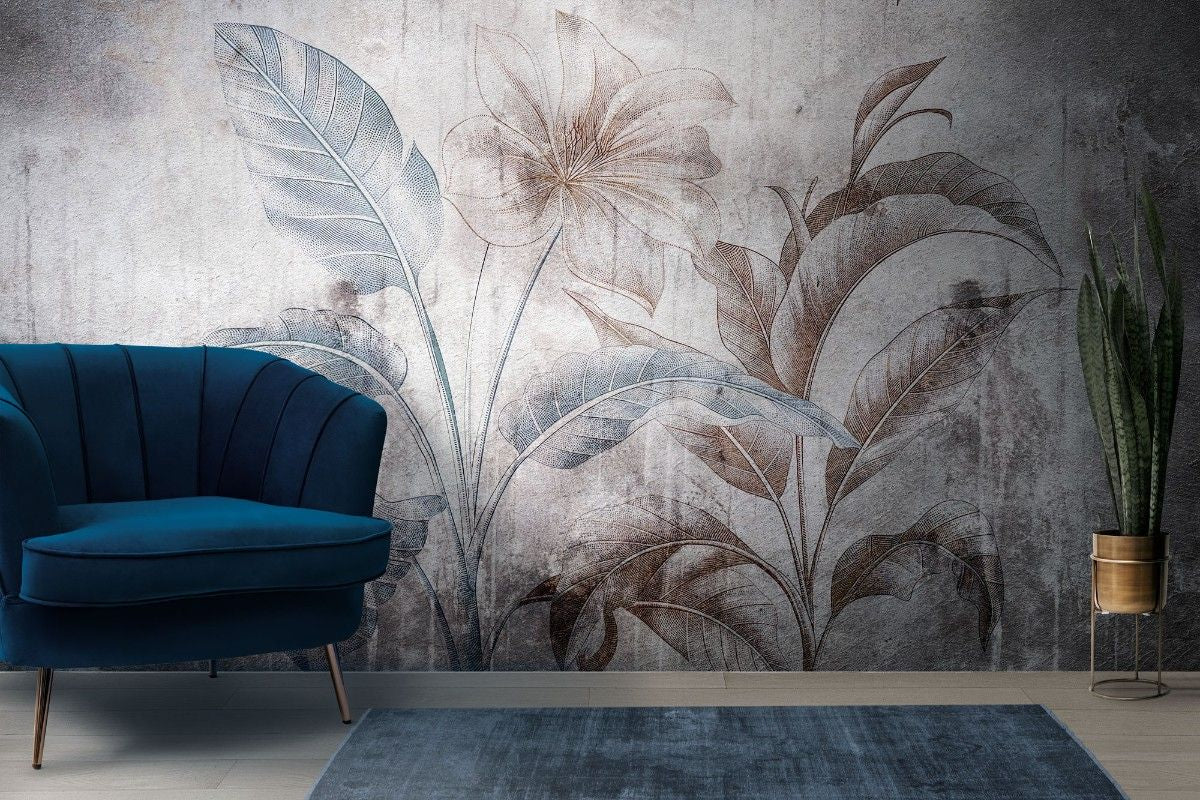 tapet personalizat leaf cu frunze si flori mari in nuante pamantii cu accente albastre pe un fundal abstract cu aspect invechit ideal pentru un spatiu modern colored paper leaves