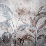 Tapet personalizat leaf cu frunze si flori mari in nuante pamantii cu accente albastre pe un fundal abstract cu aspect invechit ideal pentru un spatiu modern colored paper leaves