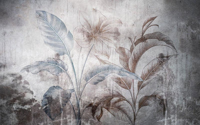 tapet personalizat leaf cu frunze si flori mari in nuante pamantii cu accente albastre pe un fundal abstract cu aspect invechit ideal pentru un spatiu modern colored paper leaves