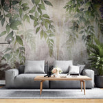 Tapet personalizat leaf cu frunze si ciorchini de flori in nuante de verde violet si roz pe un fundal cu aspect de perete vechi tencuit ideal pentru a crea o atmosfera de gradina interioara cu un aer rustic si boem stucco printed leaves