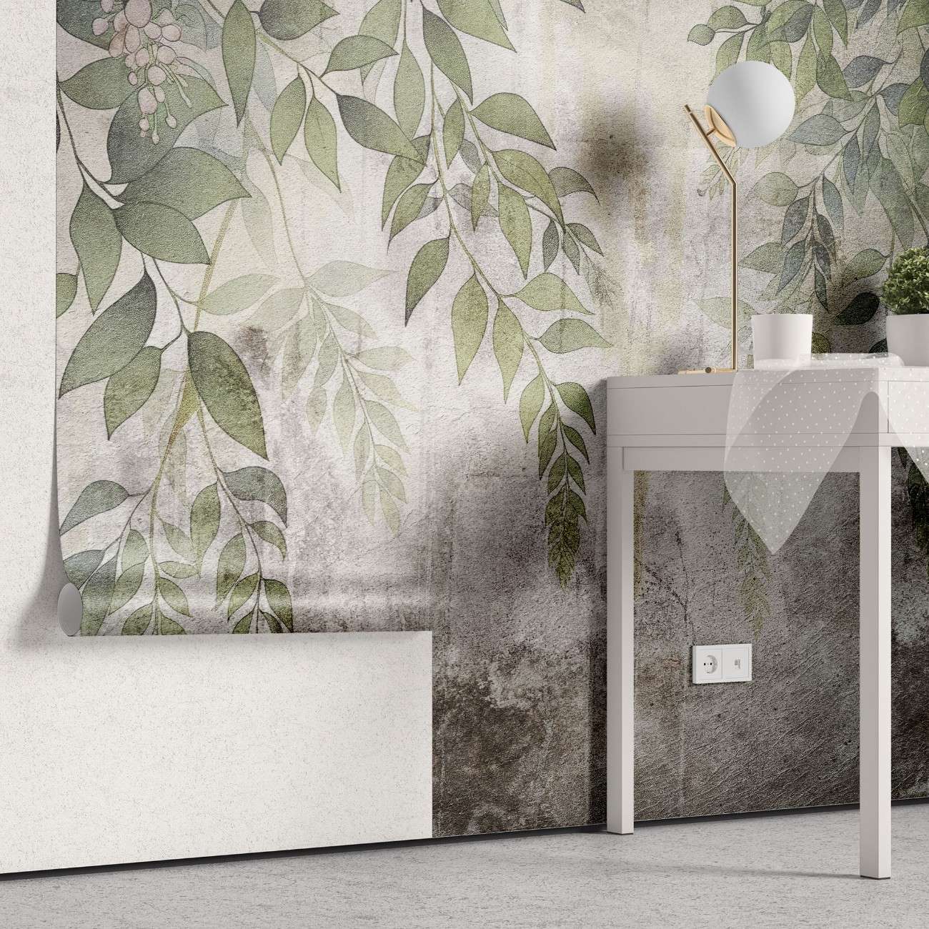 tapet personalizat leaf cu frunze si ciorchini de flori in nuante de verde violet si roz pe un fundal cu aspect de perete vechi tencuit ideal pentru a crea o atmosfera de gradina interioara cu un aer rustic si boem stucco printed leaves