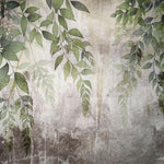 Tapet personalizat leaf cu frunze si ciorchini de flori in nuante de verde violet si roz pe un fundal cu aspect de perete vechi tencuit ideal pentru a crea o atmosfera de gradina interioara cu un aer rustic si boem stucco printed leaves