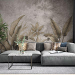 Tapet personalizat leaf cu frunze tropicale stilizate in tonuri de auriu patinat si gri pe un fundal cu aspect de fresca designul aduce o atmosfera exotica si sofisticata ideal pentru interioare elegante fresco brassy leaves