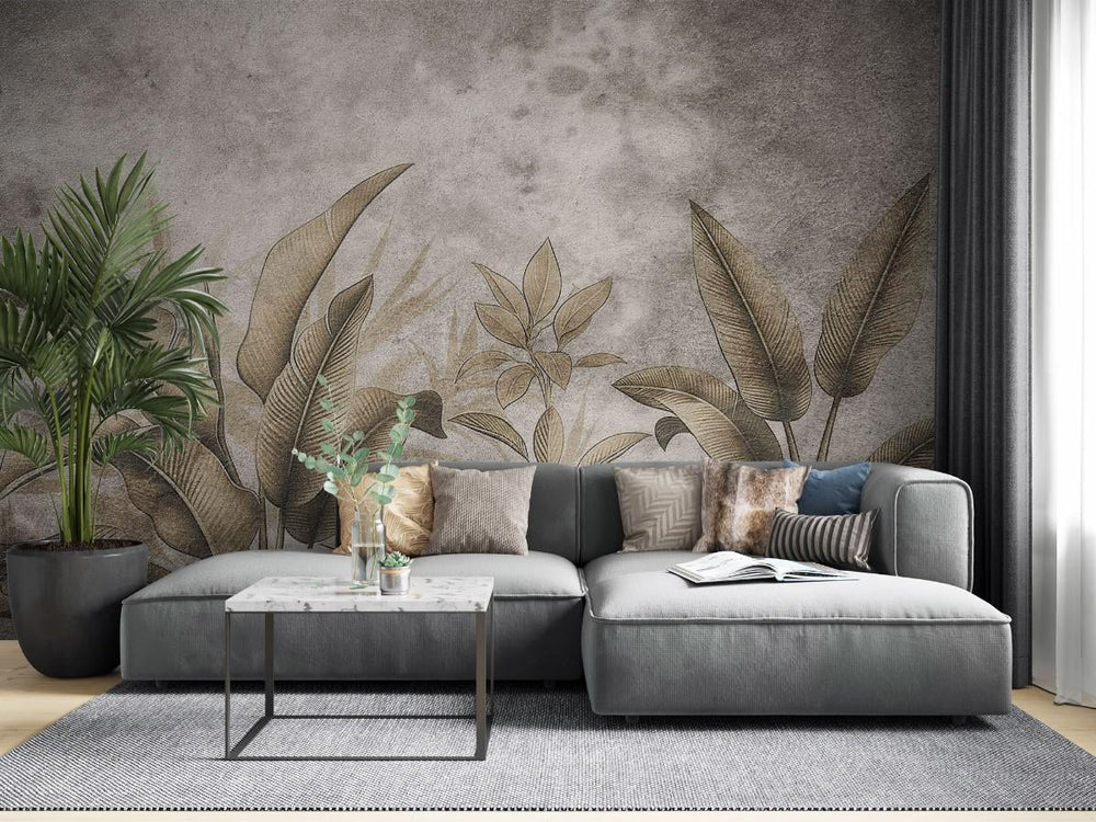 Tapet personalizat leaf cu frunze tropicale stilizate in tonuri de auriu patinat si gri pe un fundal cu aspect de fresca designul aduce o atmosfera exotica si sofisticata ideal pentru interioare elegante fresco brassy leaves