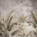 Tapet personalizat leaf cu frunze tropicale stilizate in tonuri de auriu patinat si gri pe un fundal cu aspect de fresca designul aduce o atmosfera exotica si sofisticata ideal pentru interioare elegante fresco brassy leaves