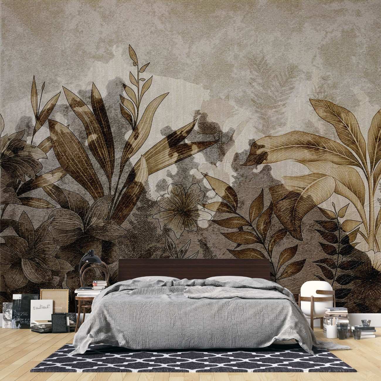 tapet personalizat leaf cu frunze tropicale in tonuri de sepia si maro avand un aspect invechit perfect pentru un decor cu un aer vintage si sofisticat burnt leaves