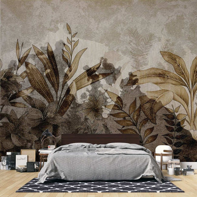 tapet personalizat leaf cu frunze tropicale in tonuri de sepia si maro avand un aspect invechit perfect pentru un decor cu un aer vintage si sofisticat burnt leaves