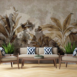 Tapet personalizat leaf cu frunze tropicale in tonuri de sepia si maro avand un aspect invechit perfect pentru un decor cu un aer vintage si sofisticat burnt leaves