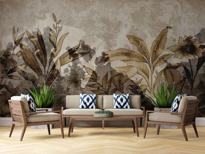 tapet personalizat leaf cu frunze tropicale in tonuri de sepia si maro avand un aspect invechit perfect pentru un decor cu un aer vintage si sofisticat burnt leaves