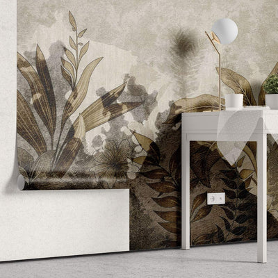 tapet personalizat leaf cu frunze tropicale in tonuri de sepia si maro avand un aspect invechit perfect pentru un decor cu un aer vintage si sofisticat burnt leaves