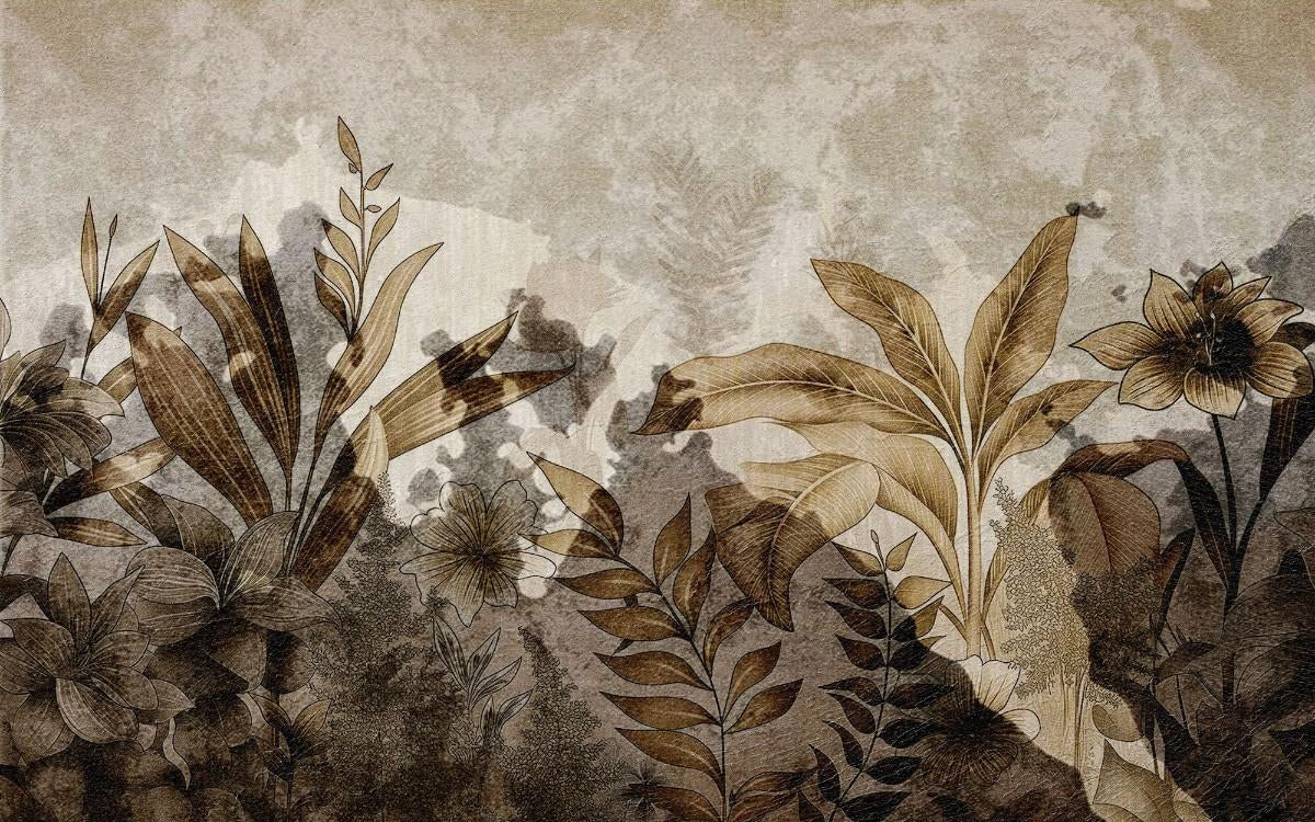 tapet personalizat leaf cu frunze tropicale in tonuri de sepia si maro avand un aspect invechit perfect pentru un decor cu un aer vintage si sofisticat burnt leaves