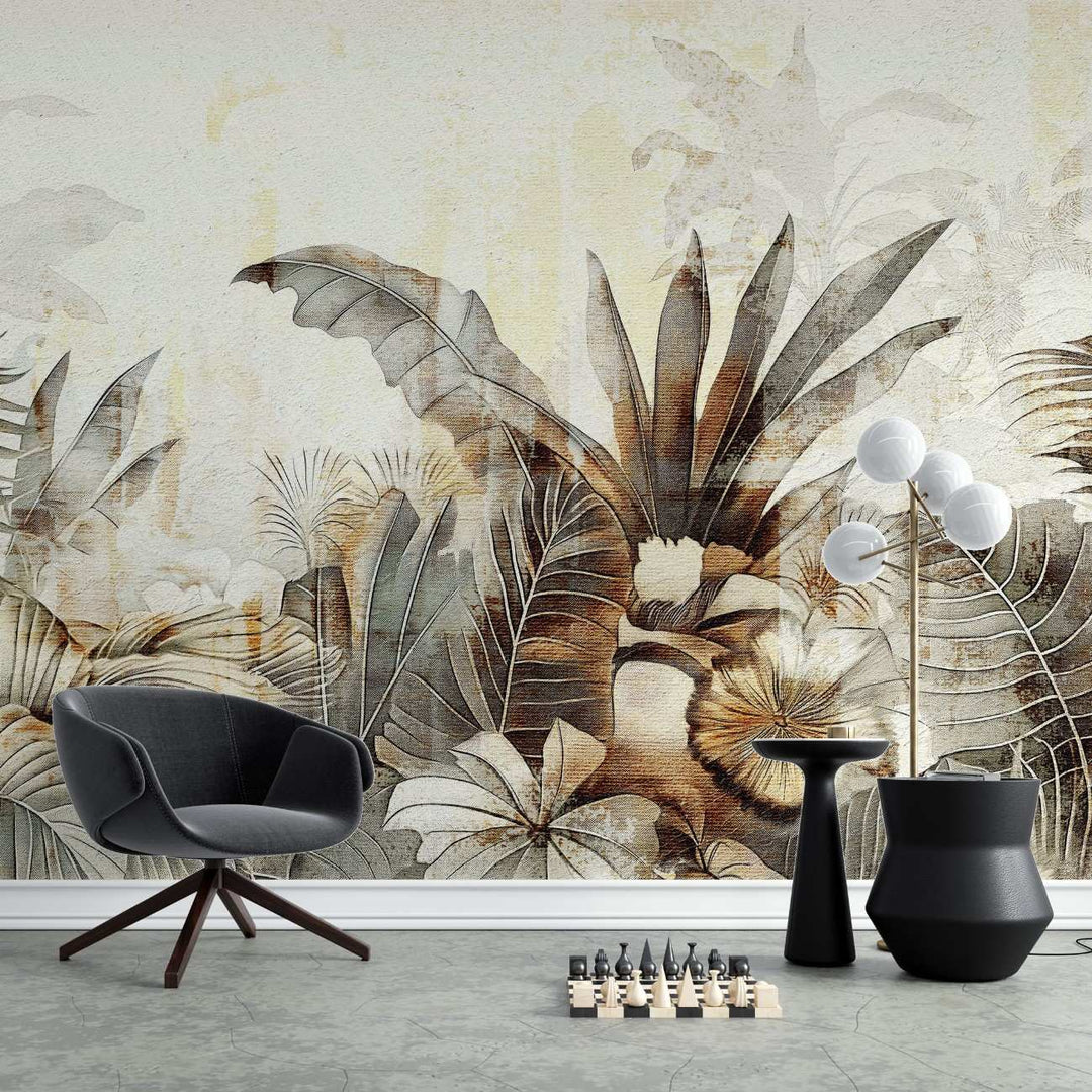 Tapet personalizat leaf cu frunze tropicale stilizate in tonuri de auriu patinat si gri pe un fundal cu aspect de fresca designul aduce o atmosfera exotica si sofisticata ideal pentru interioare elegante warm textured nature