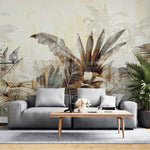 Tapet personalizat leaf cu frunze tropicale stilizate in tonuri de auriu patinat si gri pe un fundal cu aspect de fresca designul aduce o atmosfera exotica si sofisticata ideal pentru interioare elegante warm textured nature