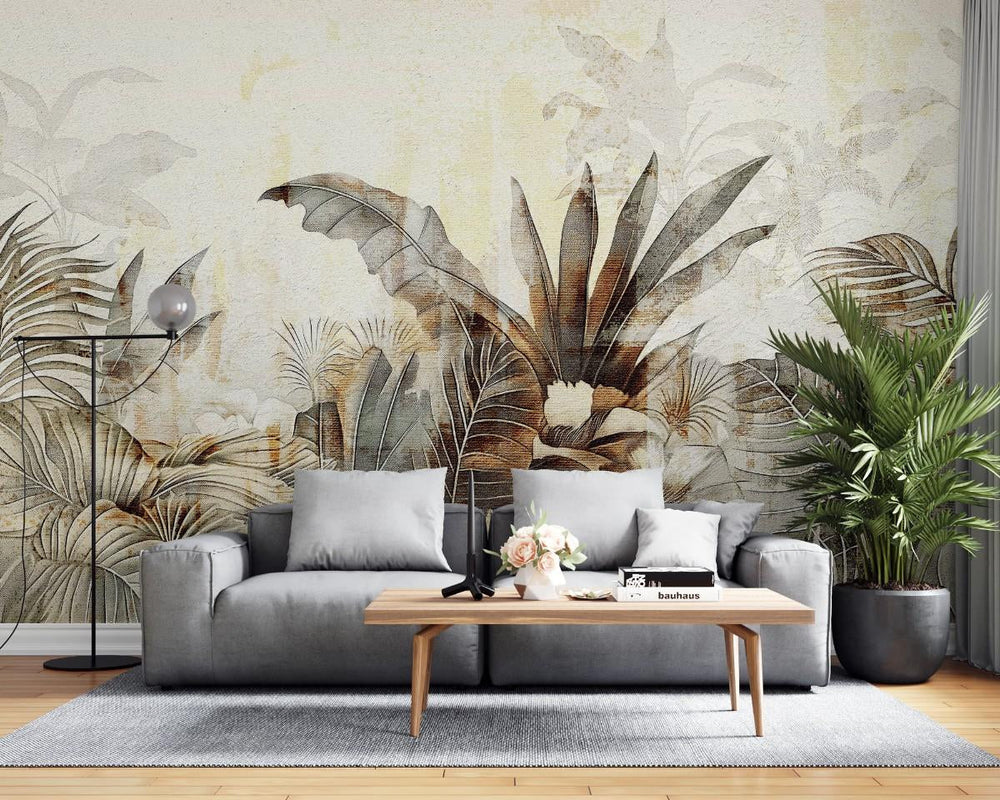 Tapet personalizat leaf cu frunze tropicale stilizate in tonuri de auriu patinat si gri pe un fundal cu aspect de fresca designul aduce o atmosfera exotica si sofisticata ideal pentru interioare elegante warm textured nature