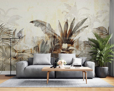 tapet personalizat leaf cu frunze tropicale stilizate in tonuri de auriu patinat si gri pe un fundal cu aspect de fresca designul aduce o atmosfera exotica si sofisticata ideal pentru interioare elegante warm textured nature