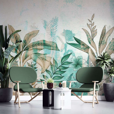 tapet personalizat leaf cu flori si frunze in nuante de turcoaz si pamantii cu un fundal texturat aducand o nota de prospetime si eleganta turquoise textured nature