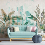 Tapet personalizat leaf cu flori si frunze in nuante de turcoaz si pamantii cu un fundal texturat aducand o nota de prospetime si eleganta turquoise textured nature