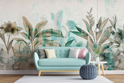 tapet personalizat leaf cu flori si frunze in nuante de turcoaz si pamantii cu un fundal texturat aducand o nota de prospetime si eleganta turquoise textured nature