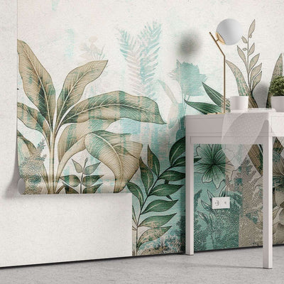 tapet personalizat leaf cu flori si frunze in nuante de turcoaz si pamantii cu un fundal texturat aducand o nota de prospetime si eleganta turquoise textured nature