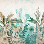 Tapet personalizat leaf cu flori si frunze in nuante de turcoaz si pamantii cu un fundal texturat aducand o nota de prospetime si eleganta turquoise textured nature